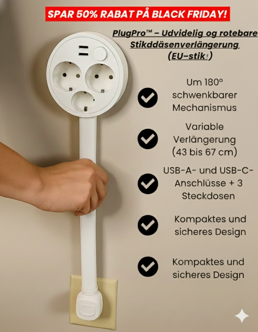 PlugPro™ – Udvidelig og roterbar stikdåseforlænger (EU-stik)