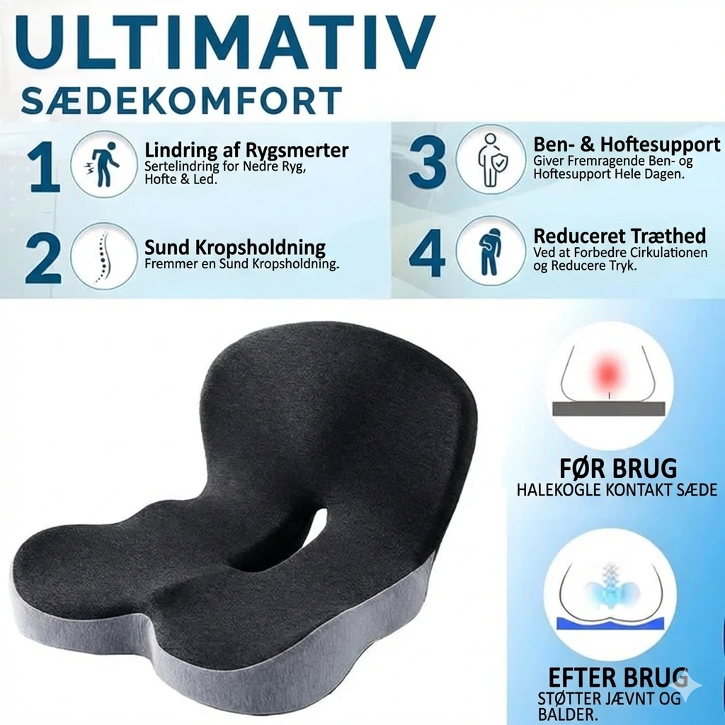 🎁 BEGRÆNSET TILBUD – 50% RABAT 🎁 ComfortSeat™ Skridsikker Memory Foam Sædepude